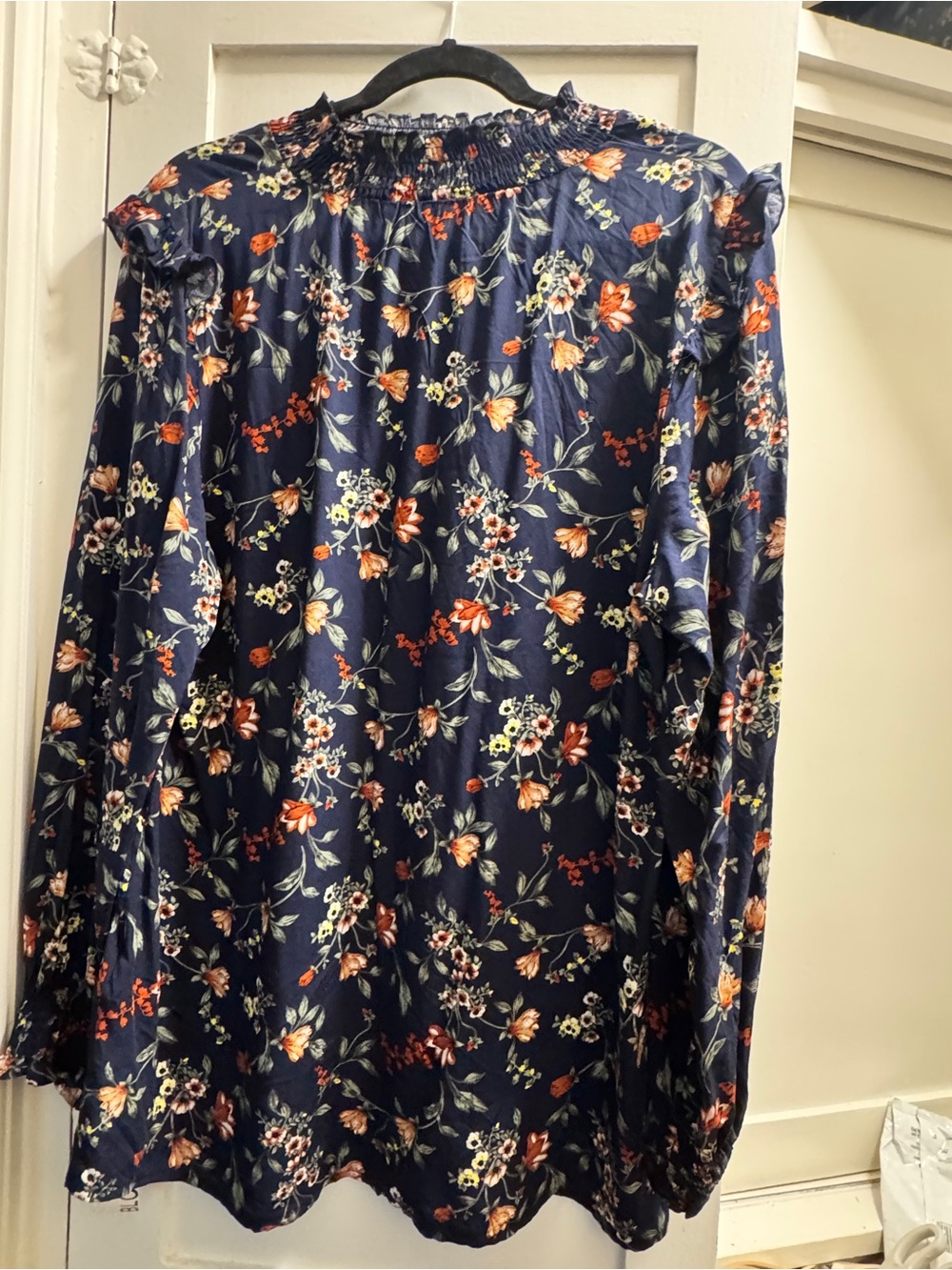BloomChic Navy Floral Smocked-Neck Blouse with Orange and Cream Flowers